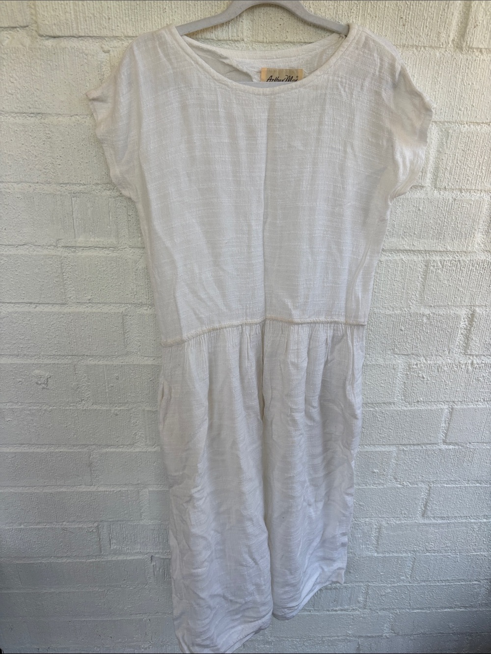 Vintage Arthur Max Textured Linen CottonCasual White Drop-Waist Midi Dress sz S